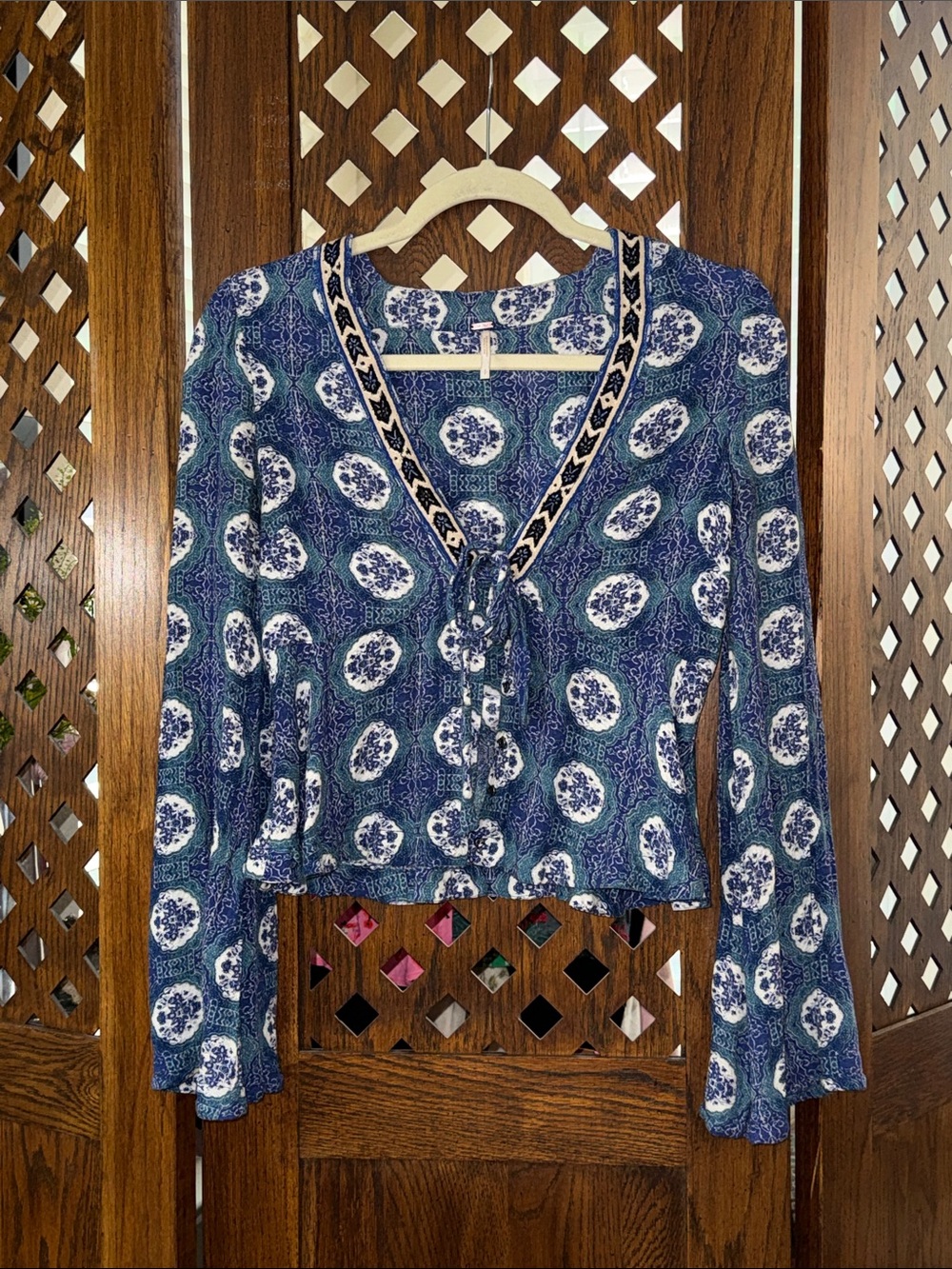 Free People Blue Medallion Tie-Front Long Sleeve Top